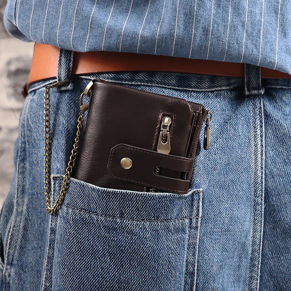 Full Grain Leather Bifold Wallet With Chain