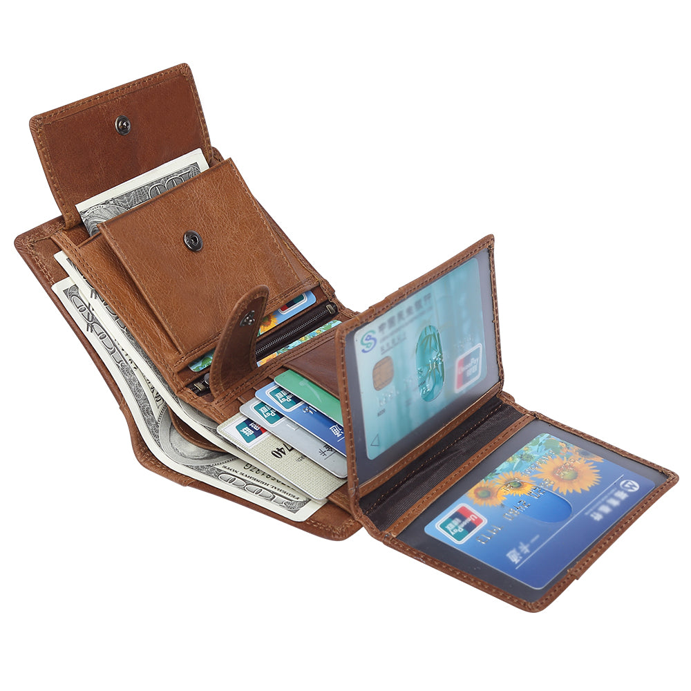 Genuine Leather Bifold RFID Wallet With Flip ID