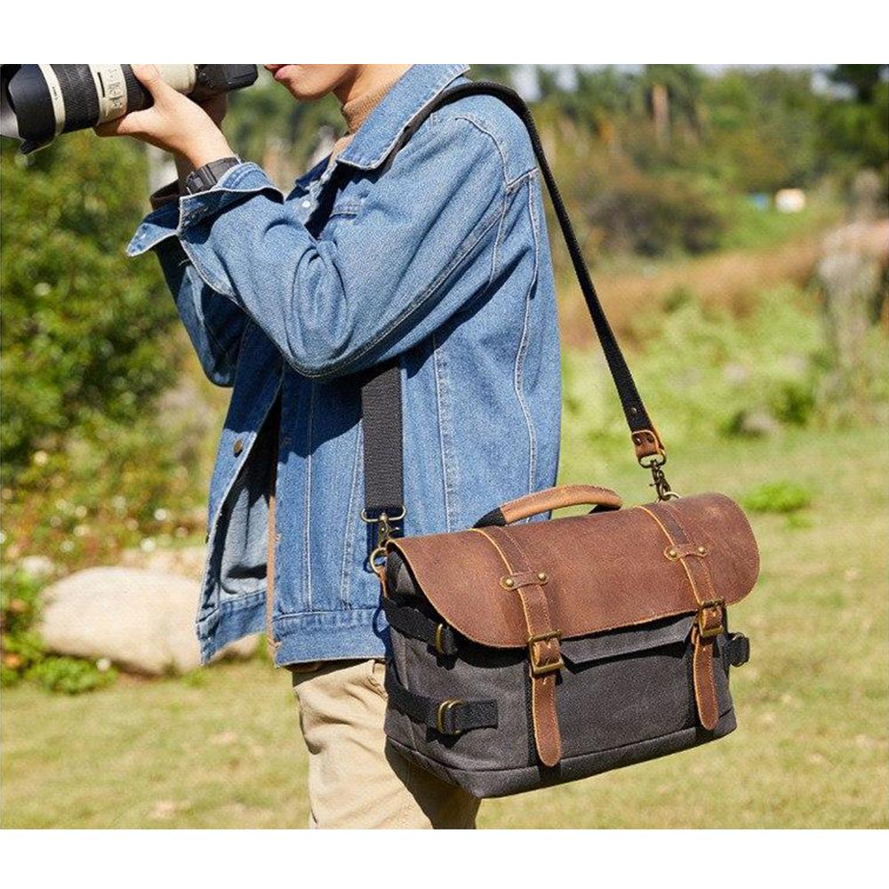 Canvas Leather DSLR Camera Messenger Bag 19L