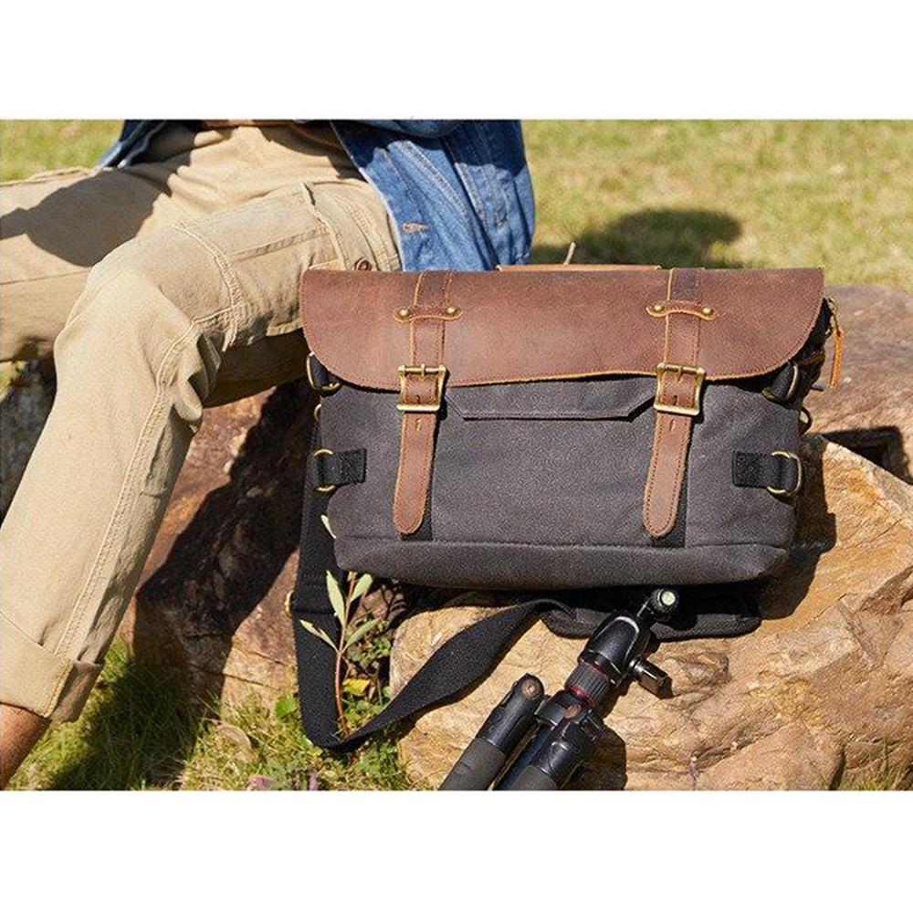 Canvas Leather DSLR Camera Messenger Bag 19L