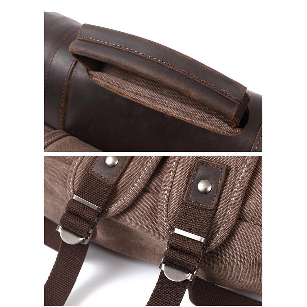 Close-ups of leather carry handle and metal shoulder strap adjusters on coffee waxed canvas backpack.
