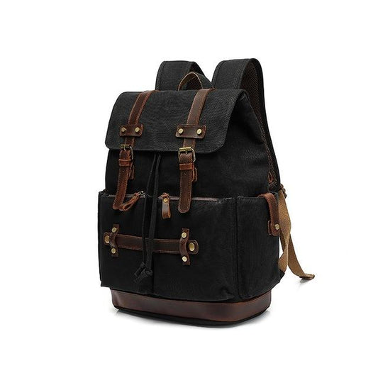 Black vintage waxed canvas laptop rucksack with crazy horse leather straps and drawstring