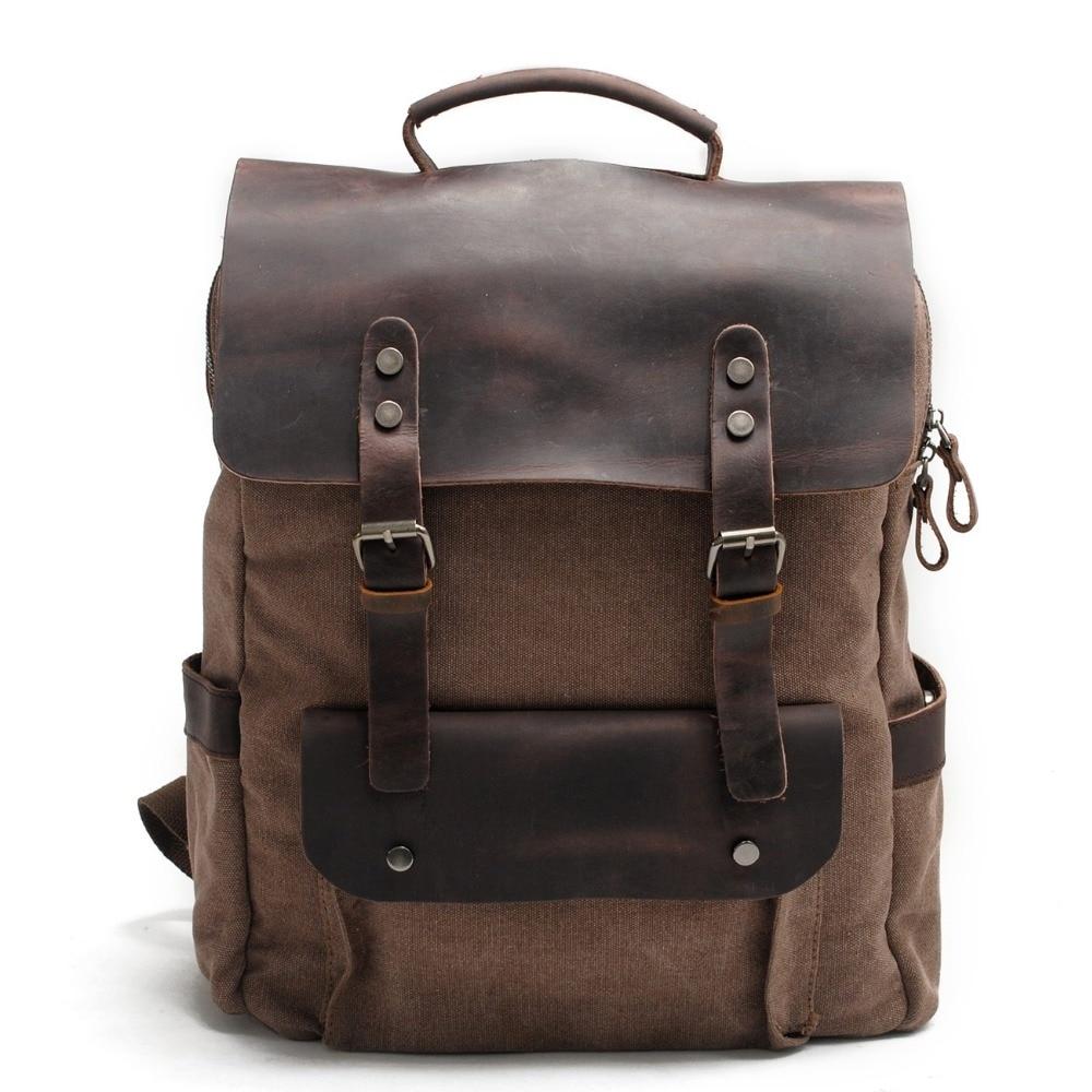 Coffee canvas rucksack with a dark brown leather flap, front pocket and side pockets.