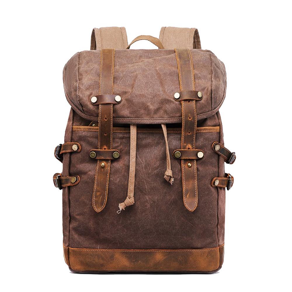 Coffee waxed canvas vintage laptop backpack with leather straps and drawstring