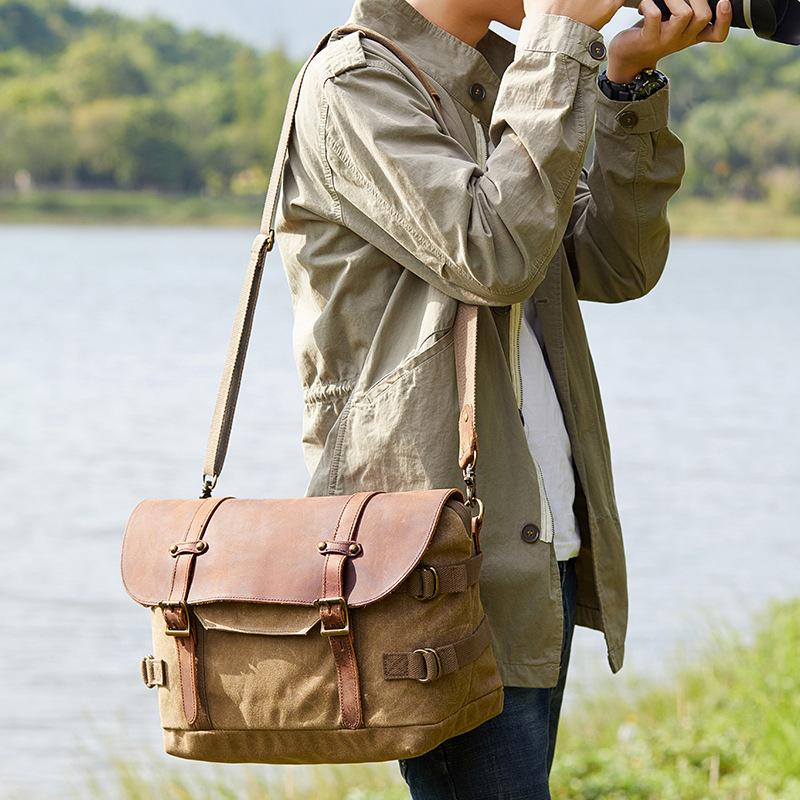 Canvas Leather DSLR Camera Messenger Bag 19L