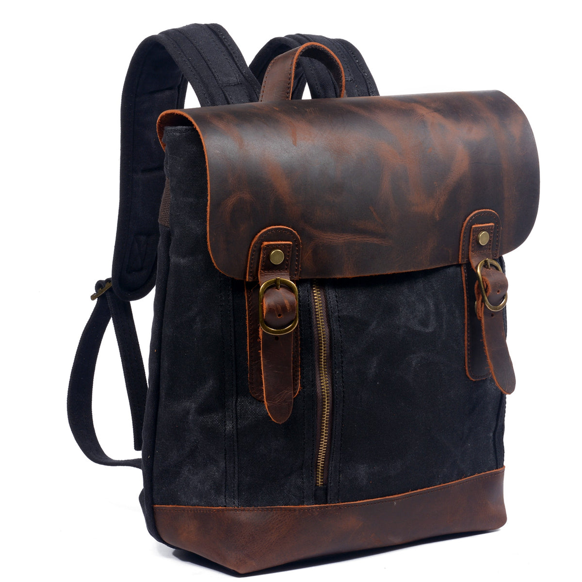 Three-quarter view of the black backpack with its zipper pocket and buckle straps