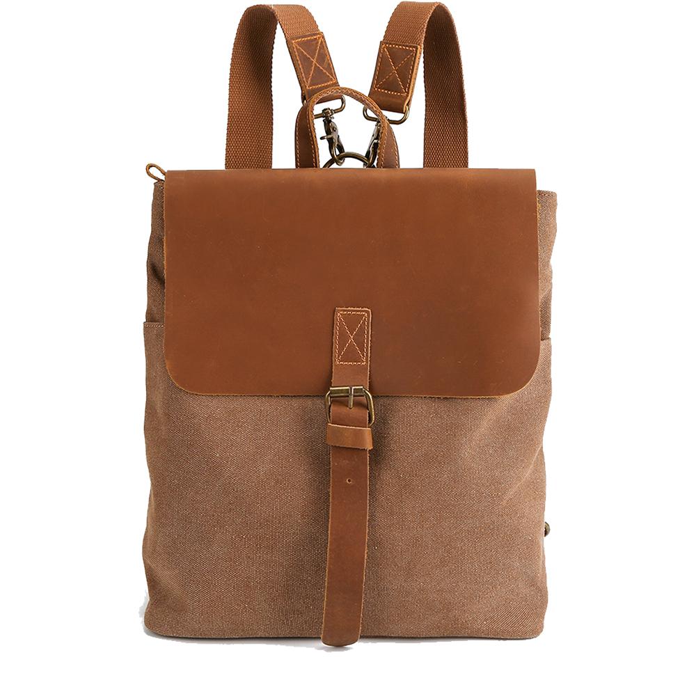 Small Canvas Leather Backpack Purse 12L - Coffee