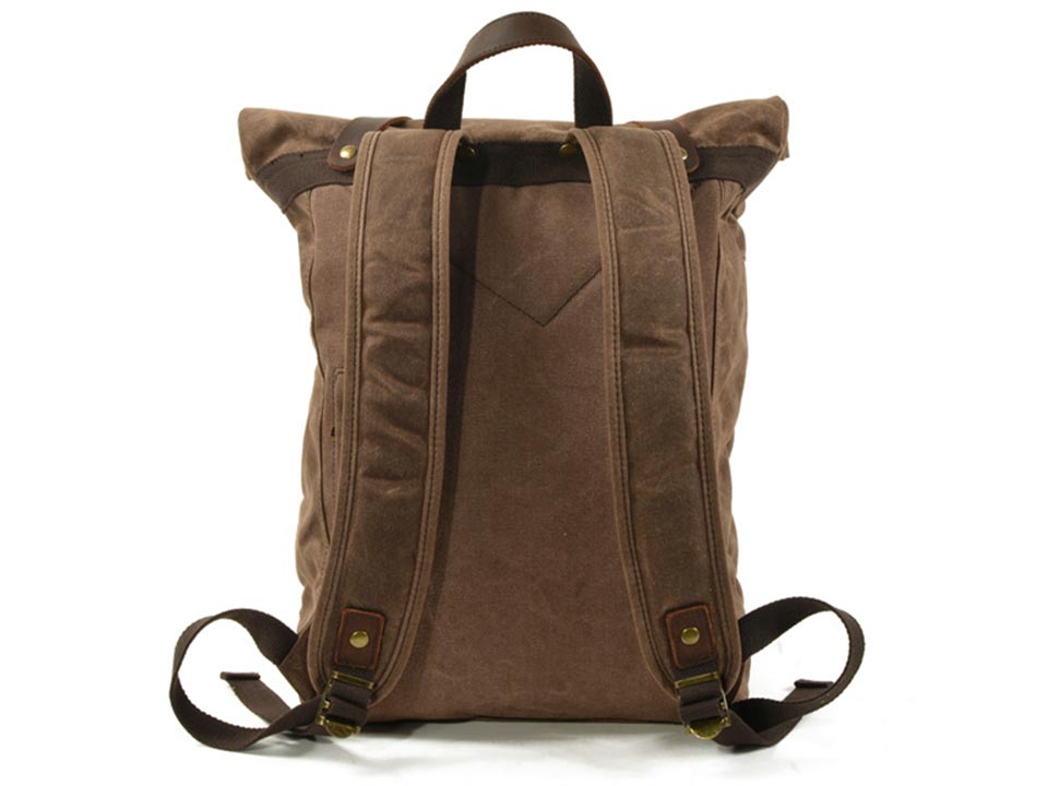 Back of a coffee waxed canvas backpack showing padded shoulder straps and a carry handle