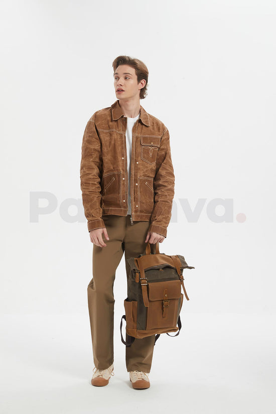 Vintage Roll Top Waxed Canvas Backpack 23L - Model Photo 1