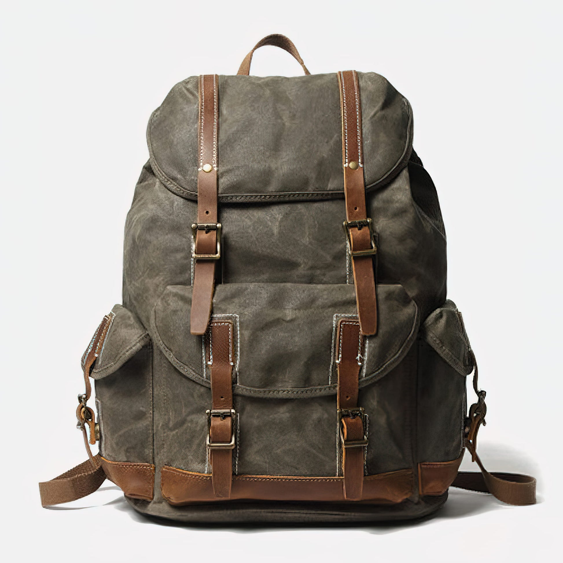 Backpack medium size rucksack in waxed canvas, with leather front