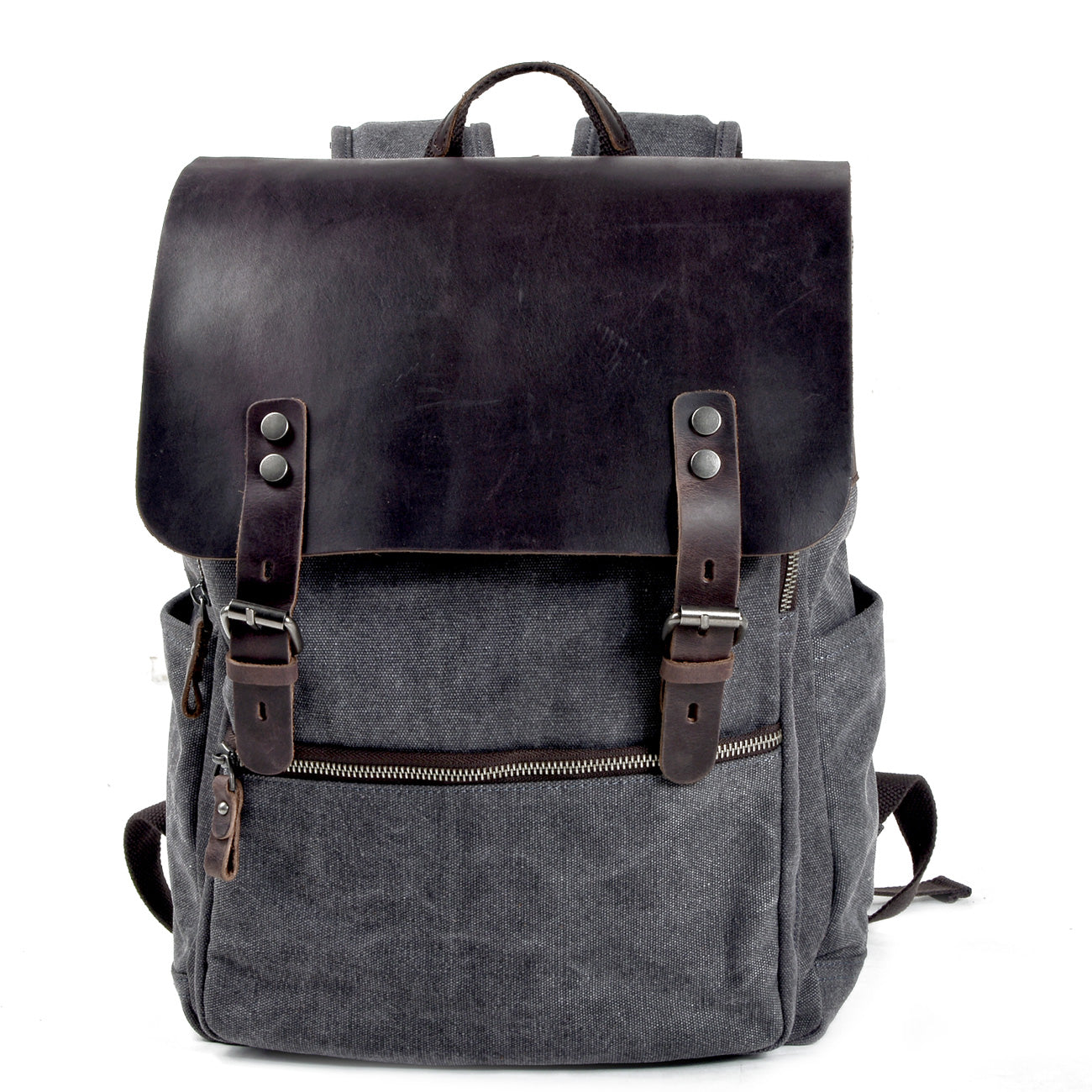 Canvas Leather Vintage Laptop Backpack 18L - Genuine Leather, Front ...