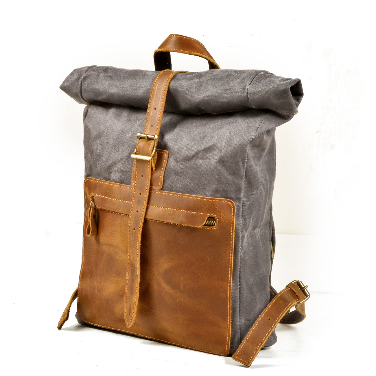 Vintage Leather Canvas Roll Top Backpack 18L