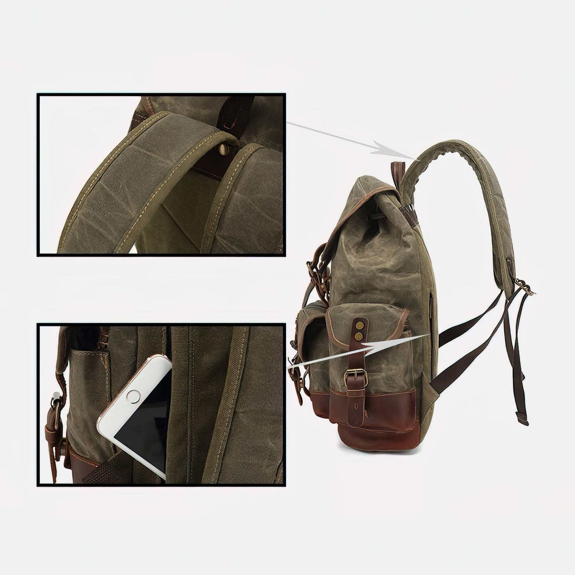 black canvas leather trekker backpack Waxed Canvas Backpack Rucksack 30L - Large Capacity, Genuine Leather, Waterproof, Anti-theft