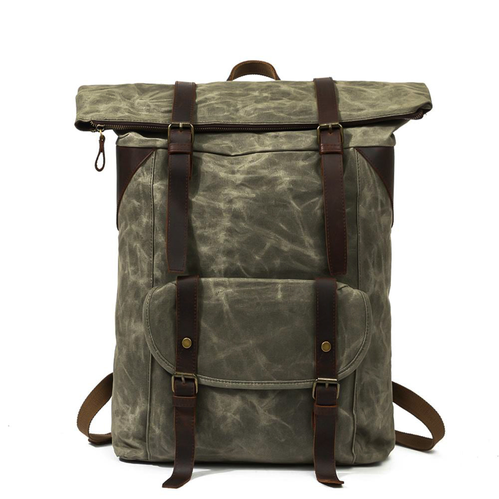 Waxed Canvas Waterproof Roll Top Backpack 30L