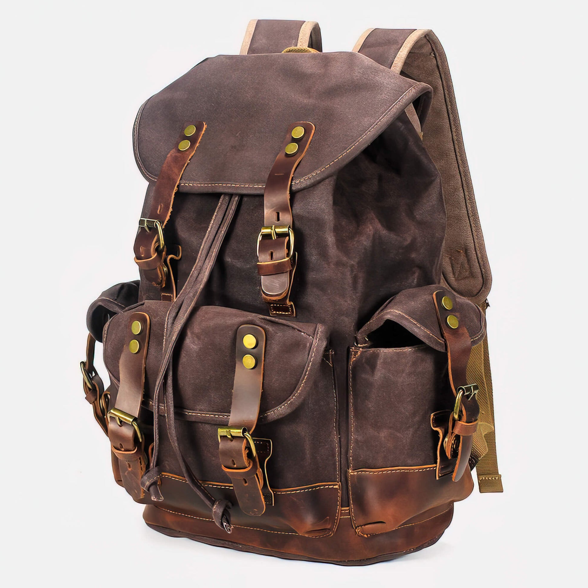 black rivet mens leather canvas backpack brown Waxed Canvas Backpack Rucksack 30L - Large Capacity, Genuine Leather, Waterproof, Anti-theft