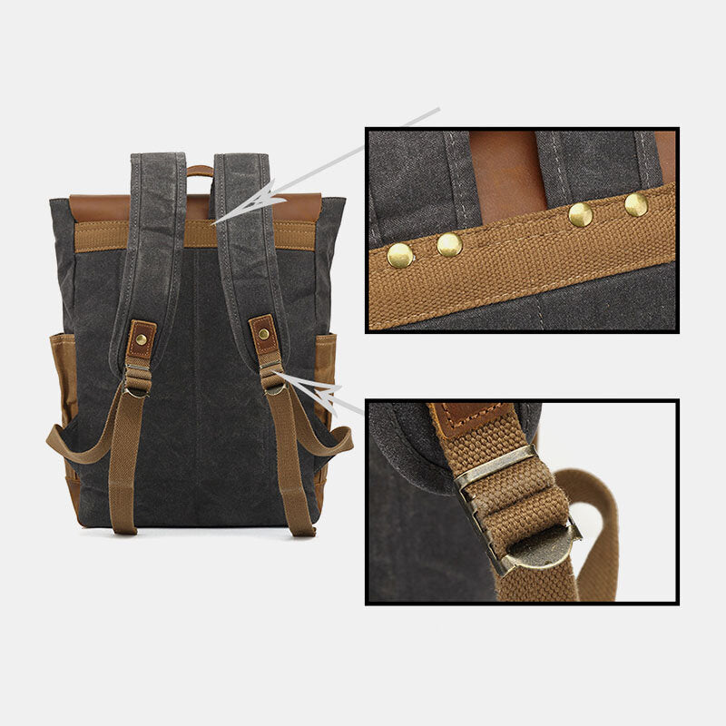 Back of the canvas backpack showing adjustable shoulder straps, woven reinforcement and metal rivets