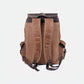 Back of coffee waxed canvas backpack with padded adjustable shoulder straps and leather carry handle.