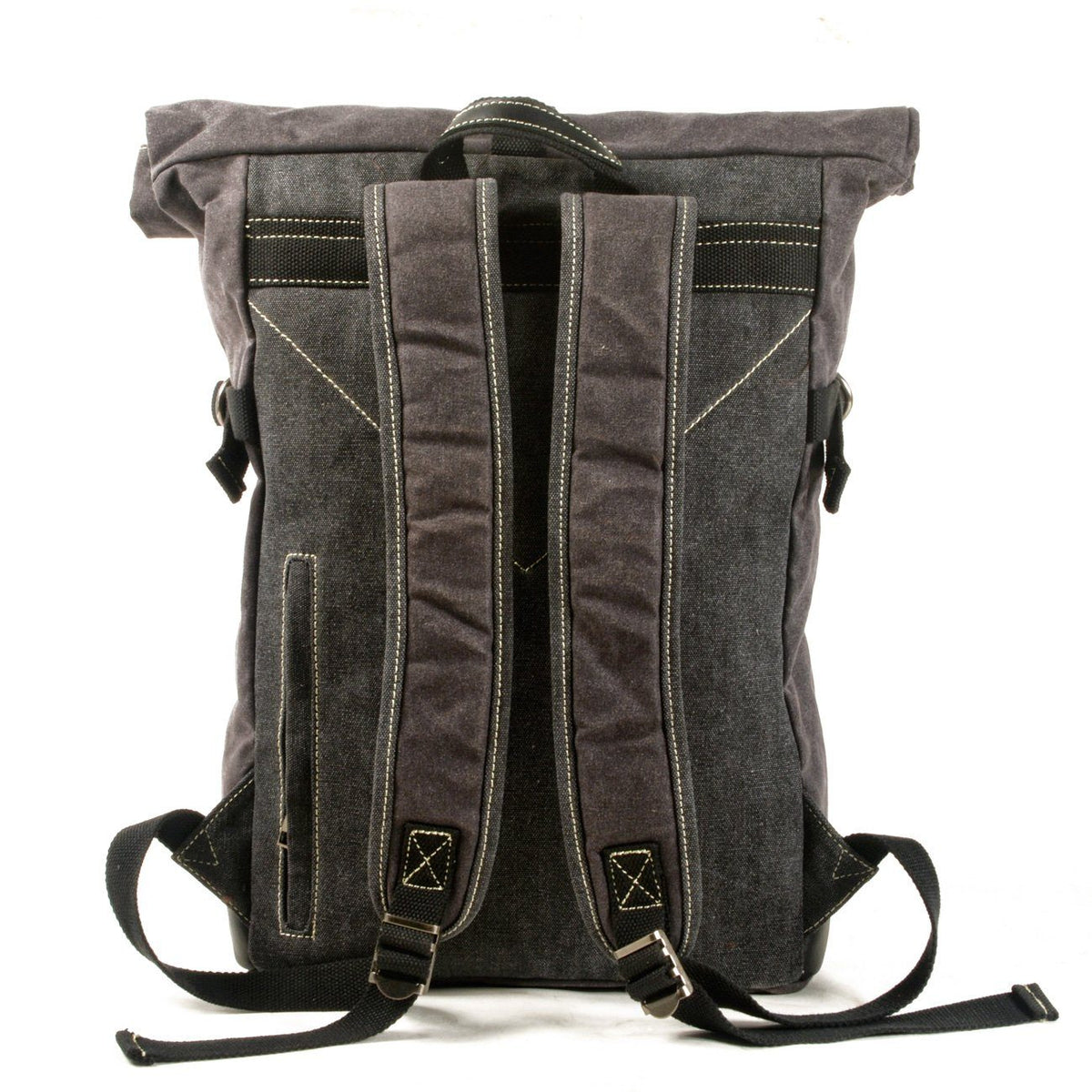 Rear of the backpack showing padded adjustable shoulder straps, a carry handle and a vertical zippered pocket