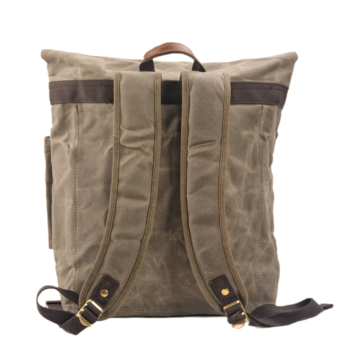 Back of the army green backpack with padded straps and leather top handle