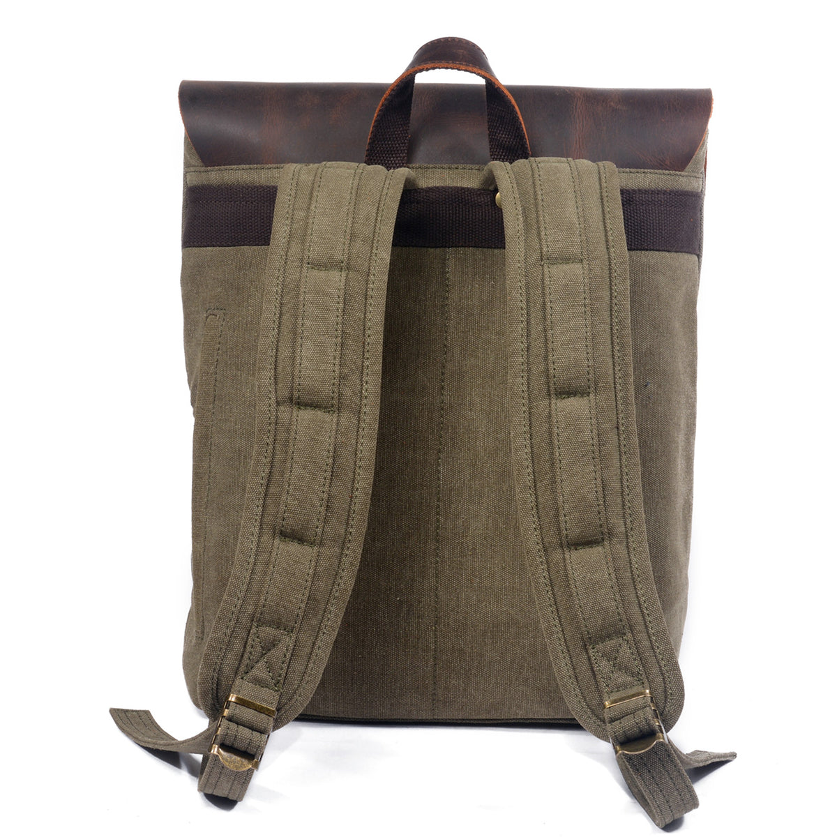 Back of the army green backpack with padded straps and leather top handle