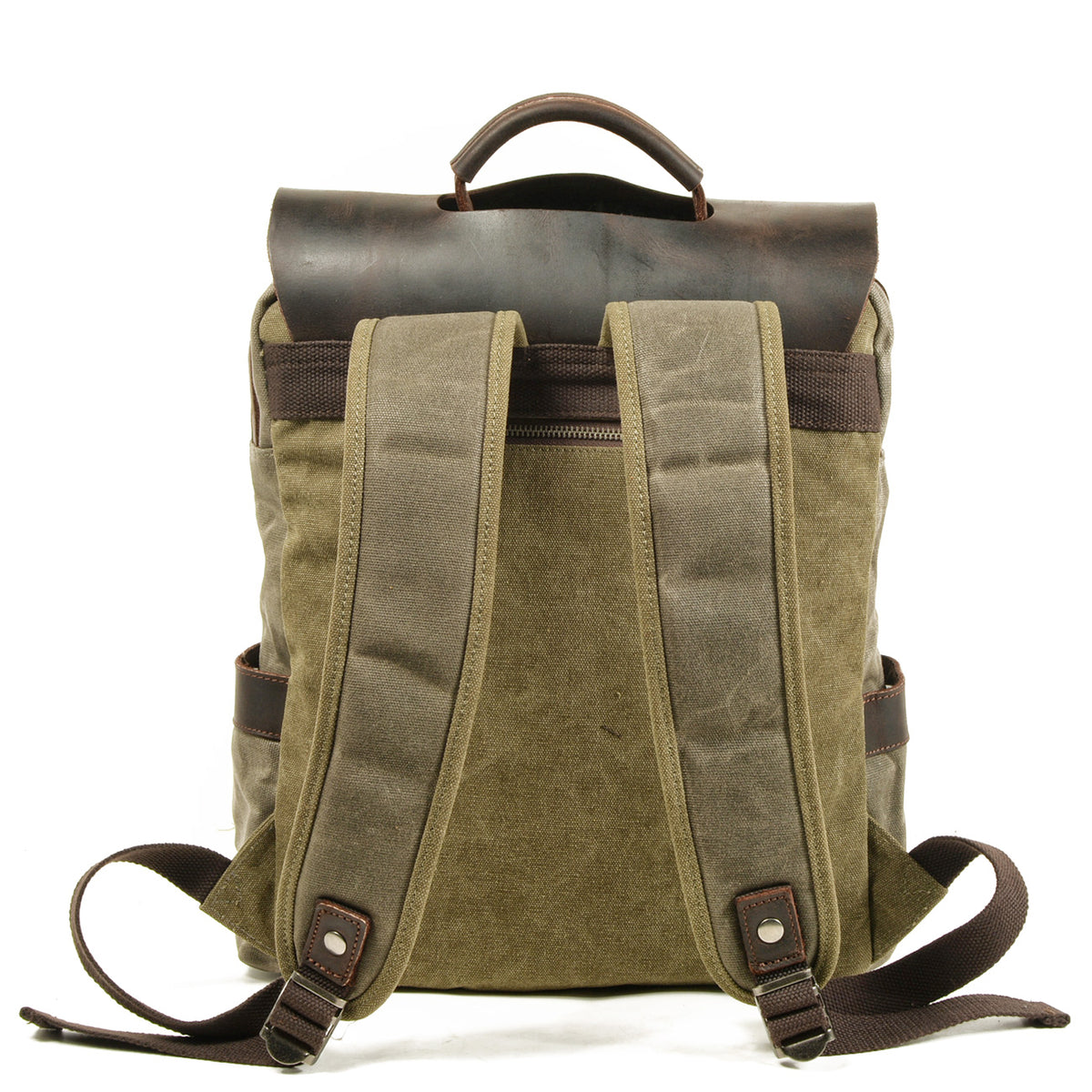 Back of the army green backpack with padded straps and leather top handle