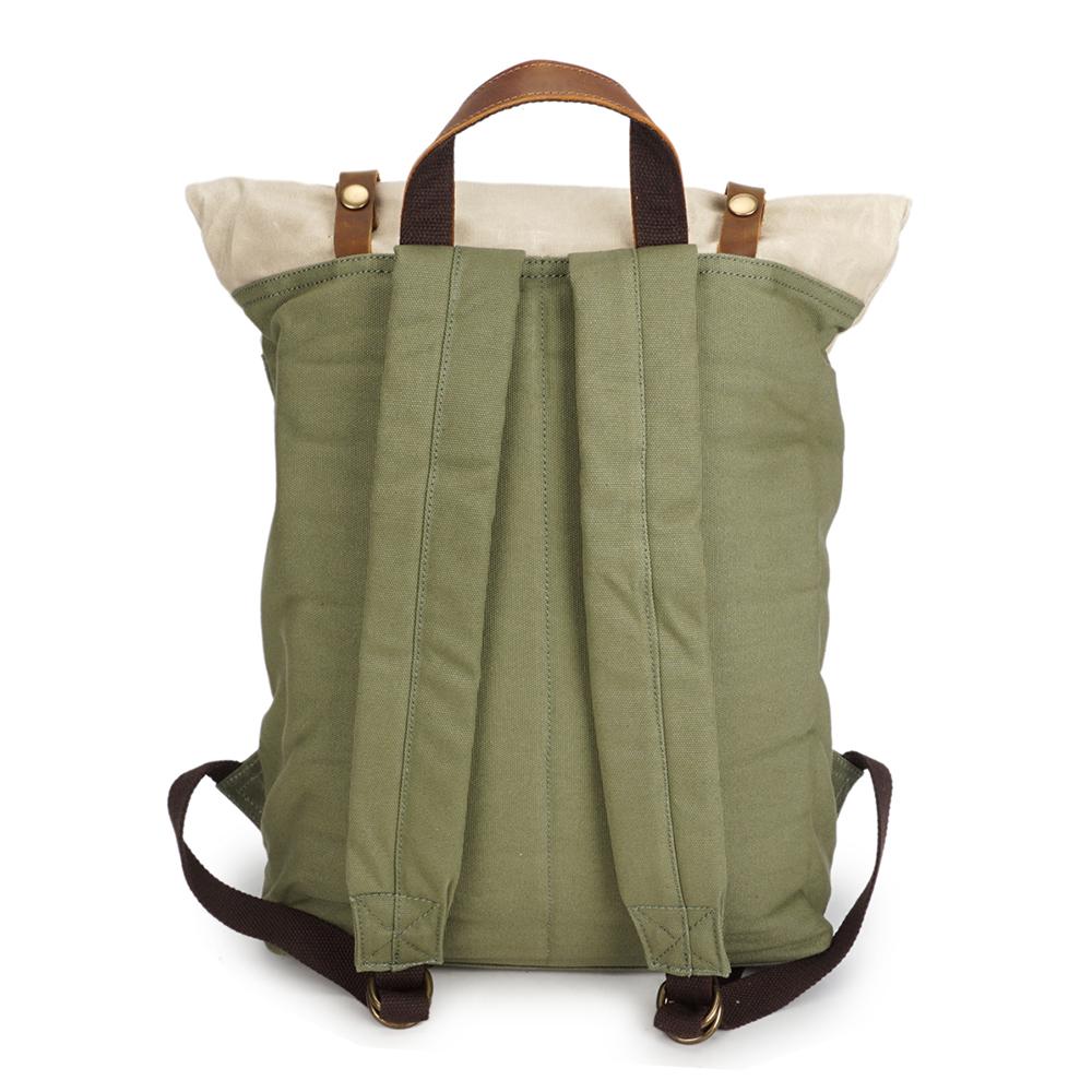 Back of the beige backpack with padded shoulder straps and leather top handle