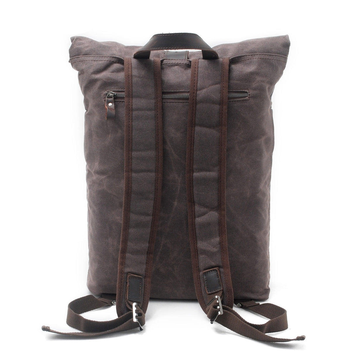 Back of the black backpack with padded straps and top handle