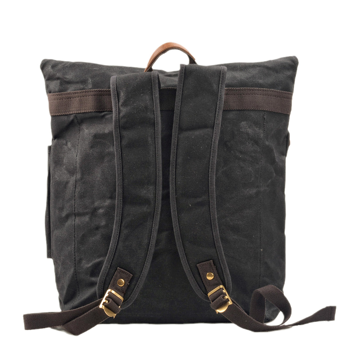 Back of the black backpack with padded shoulder straps and brass buckles