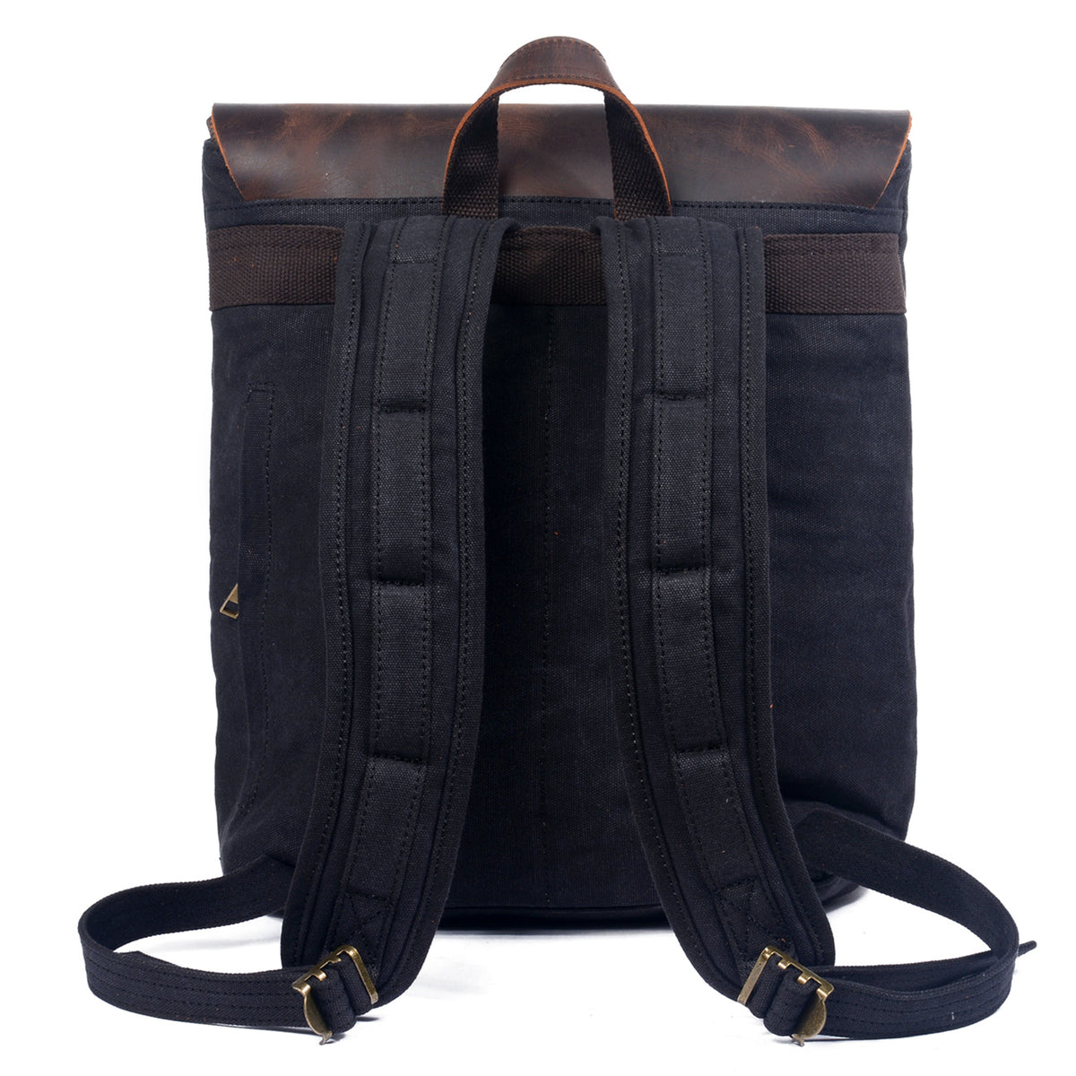 Back of the black backpack with padded shoulder straps