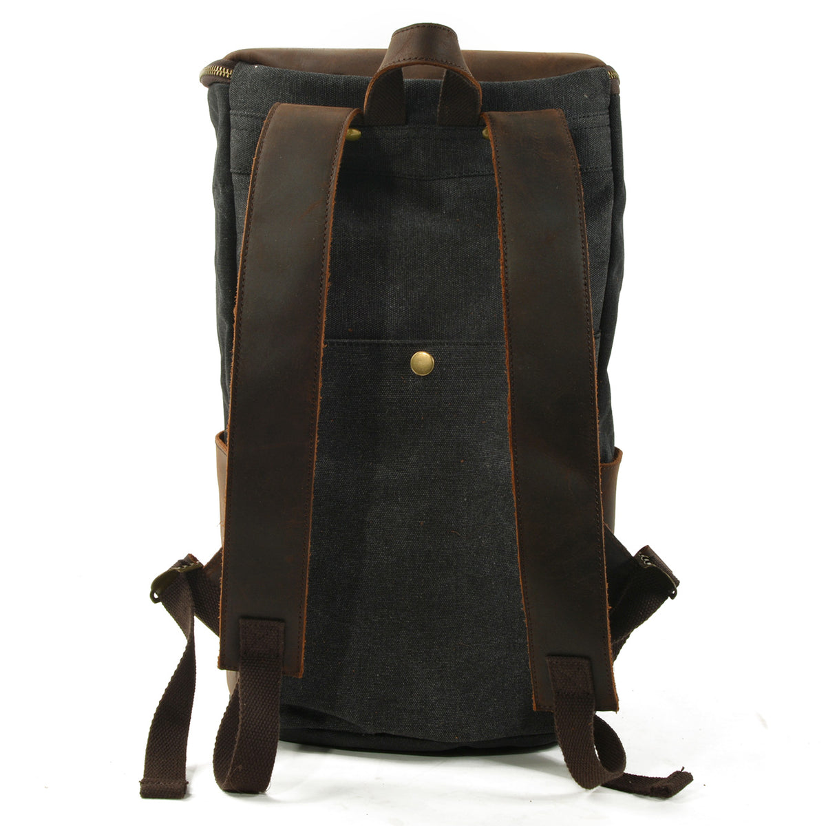 Rear view showing the leather top handle and full length of the padded straps