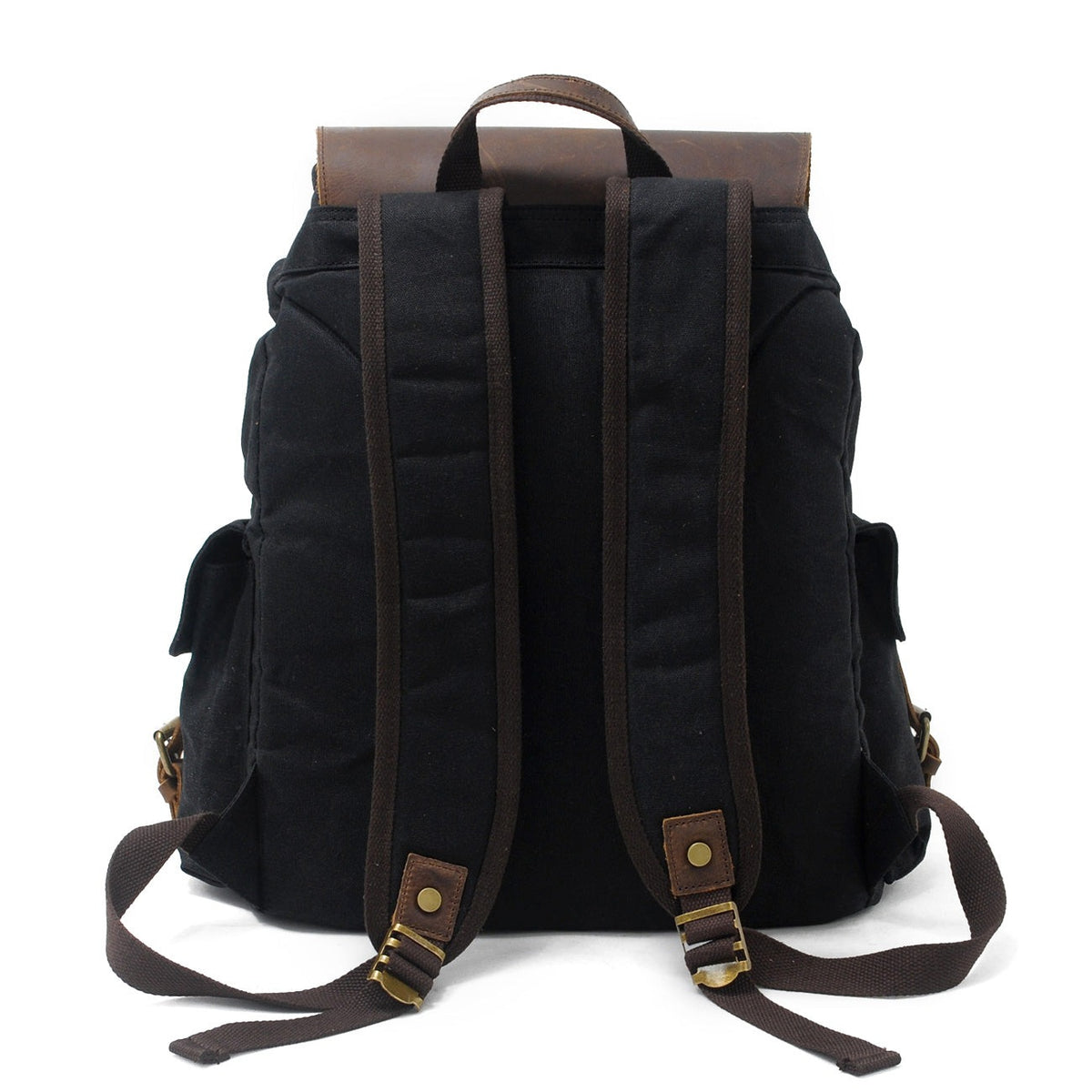 Back of the black backpack with padded shoulder straps and top handle
