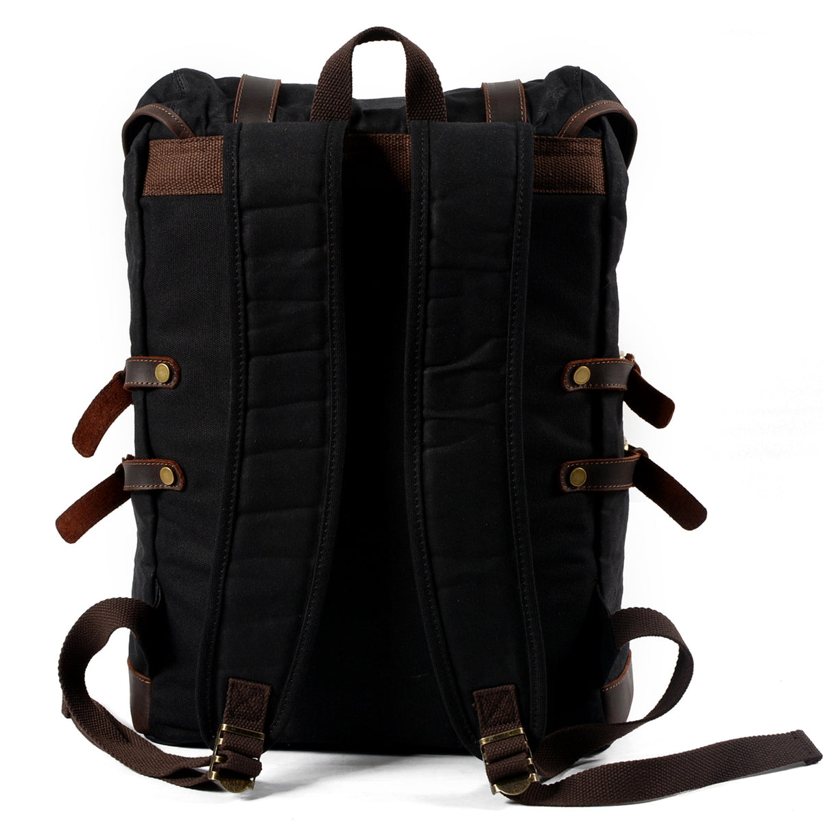 Padded back panel and shoulder straps of the black backpack