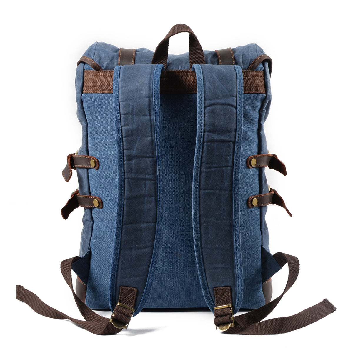 Back of the blue backpack with padded shoulder straps