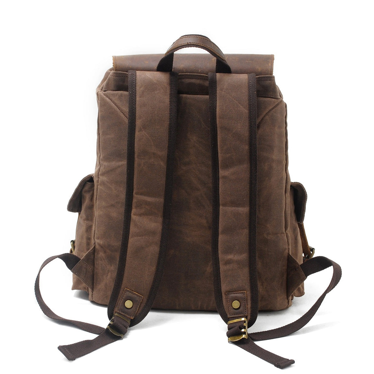 Back of the brown backpack with padded shoulder straps