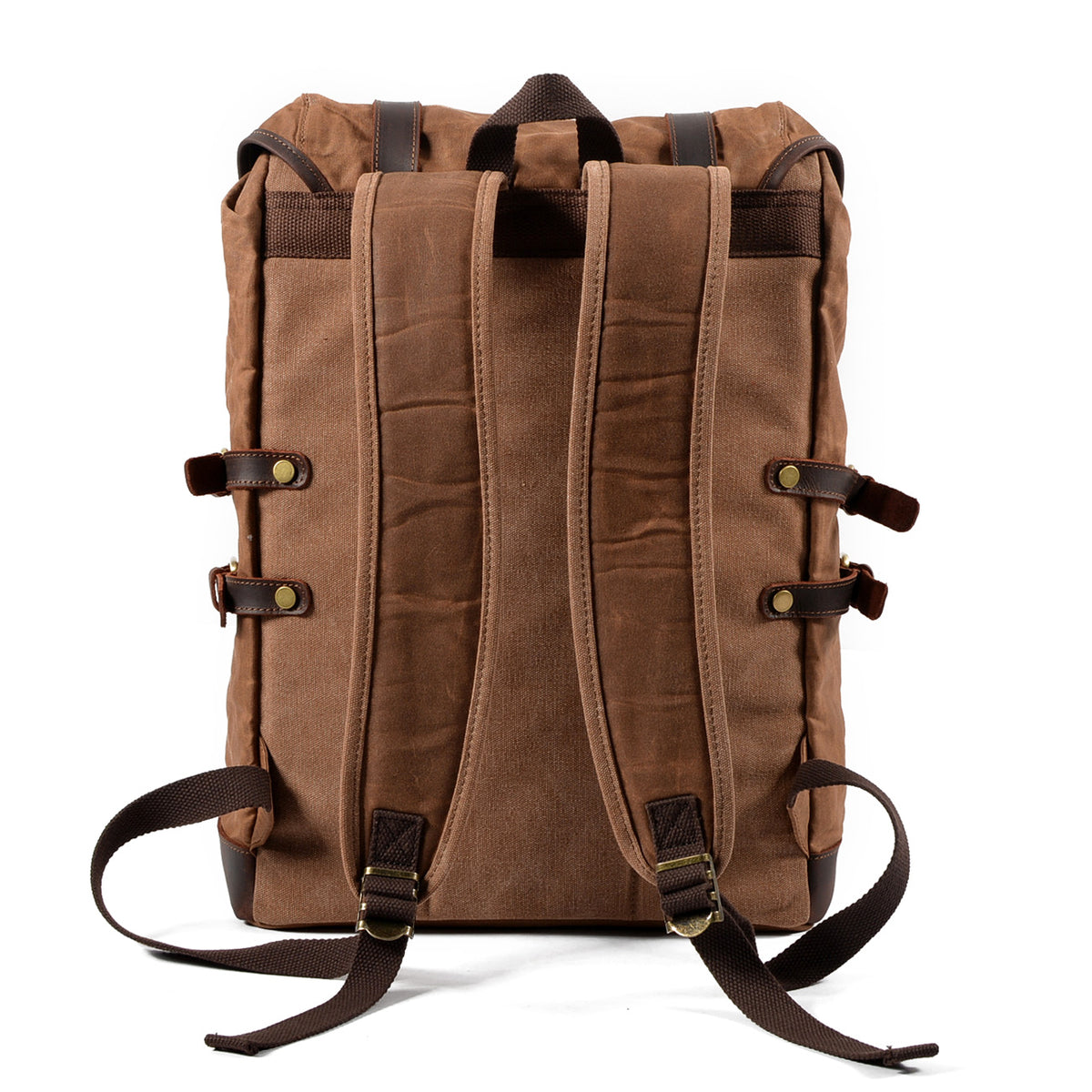 Back of the Brown waxed canvas backpack with padded shoulder straps.
