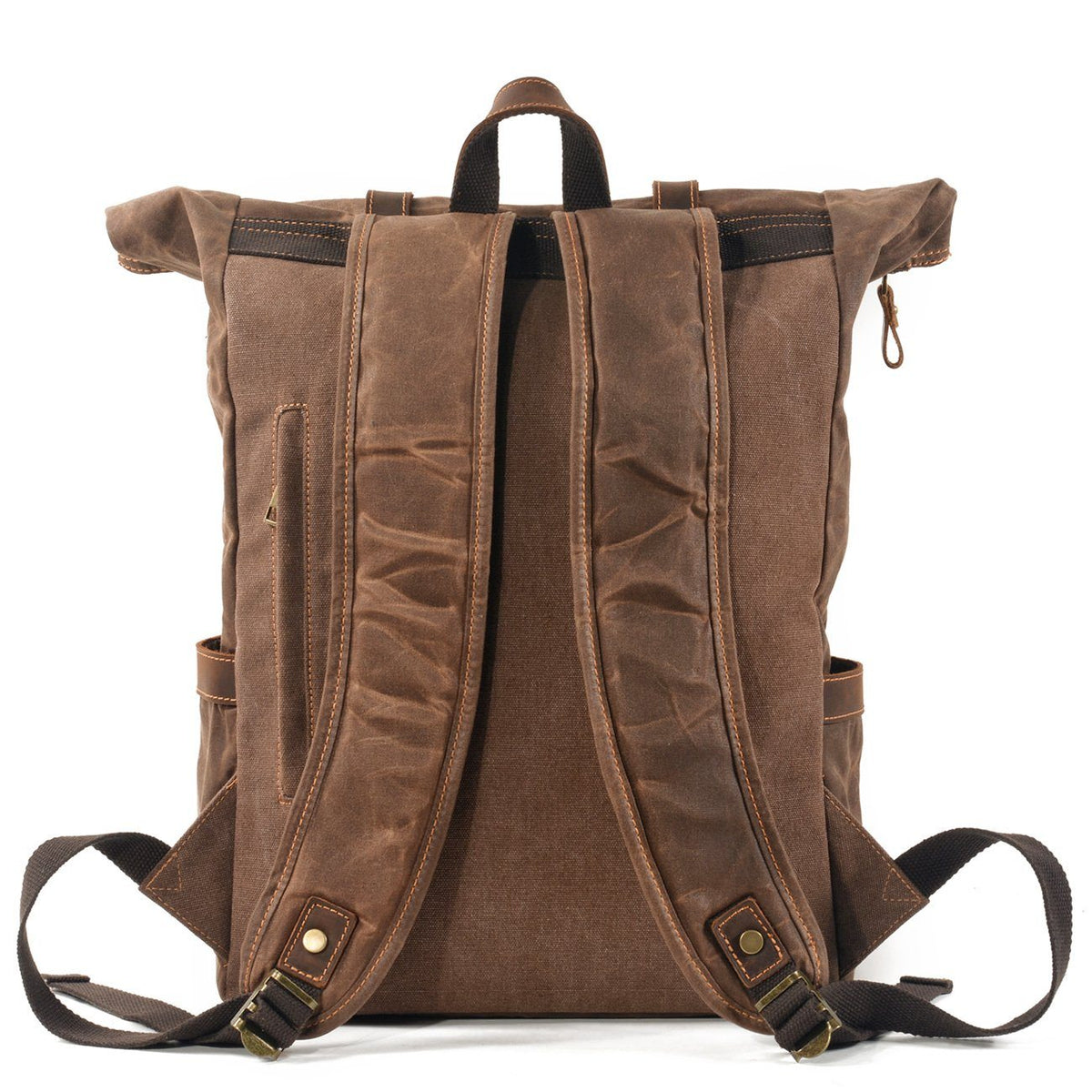 Back of coffee waxed canvas backpack with padded shoulder straps, metal adjusters and reinforced attachment tabs.