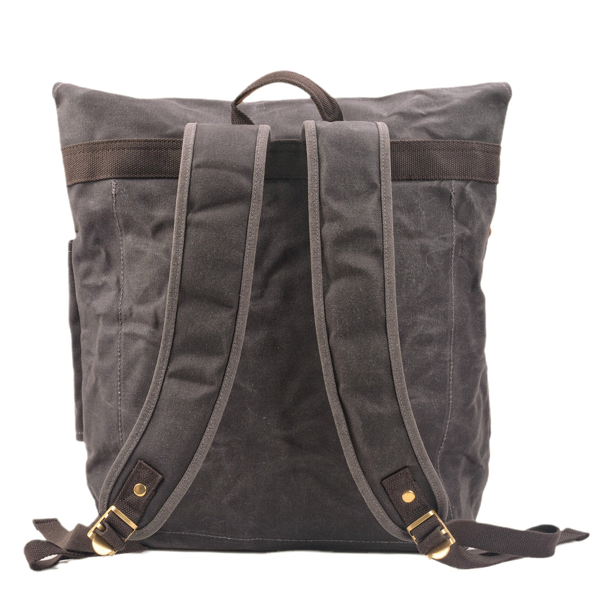 Back of the gray backpack with padded shoulder straps