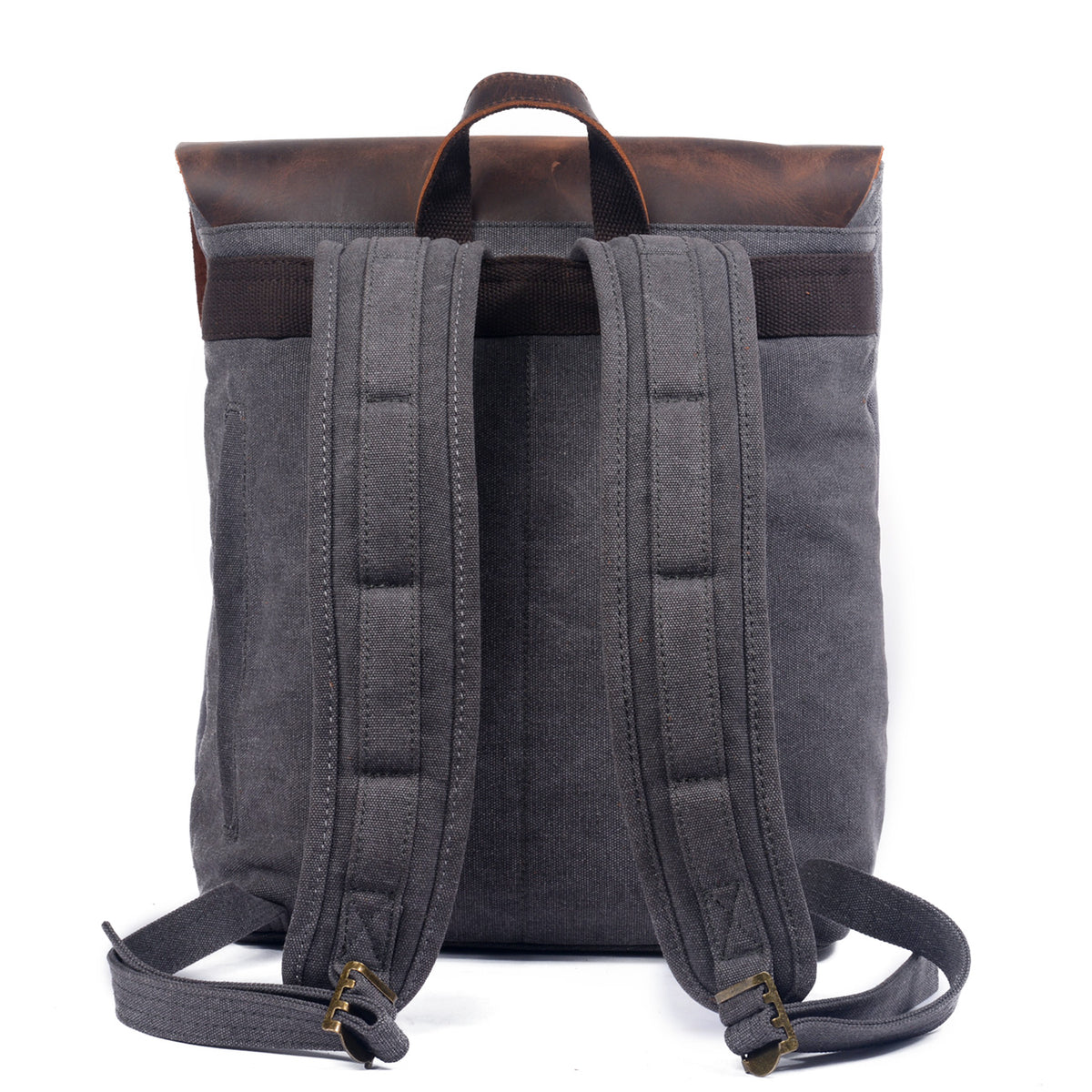 Back of the gray backpack with padded shoulder straps