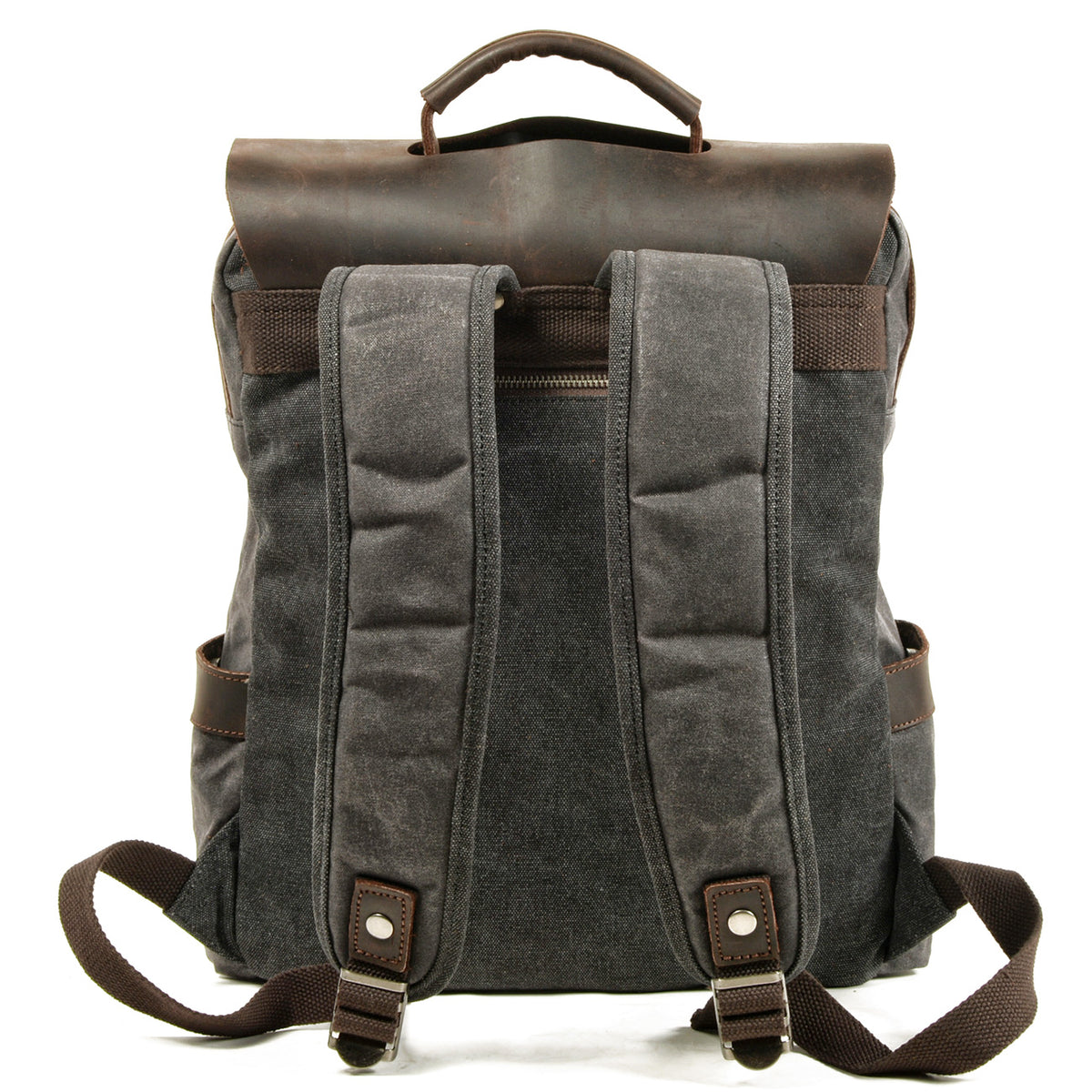 Back of the gray backpack with padded straps and an anti-theft zipper pocket
