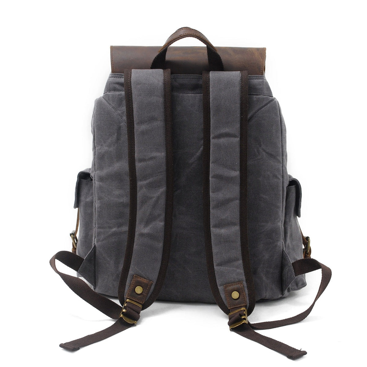Back of the gray backpack with padded shoulder straps