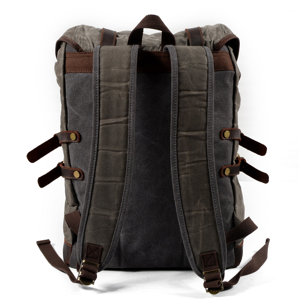 Back of the gray rucksack with padded shoulder straps