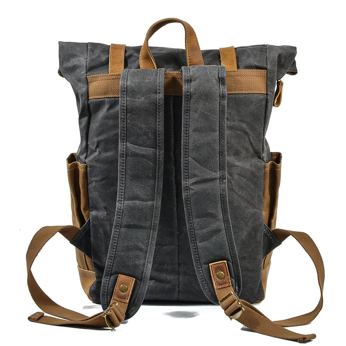Back of the gray backpack with padded shoulder straps and leather top handle