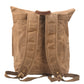 Back of the khaki backpack with padded shoulder straps and leather top handle