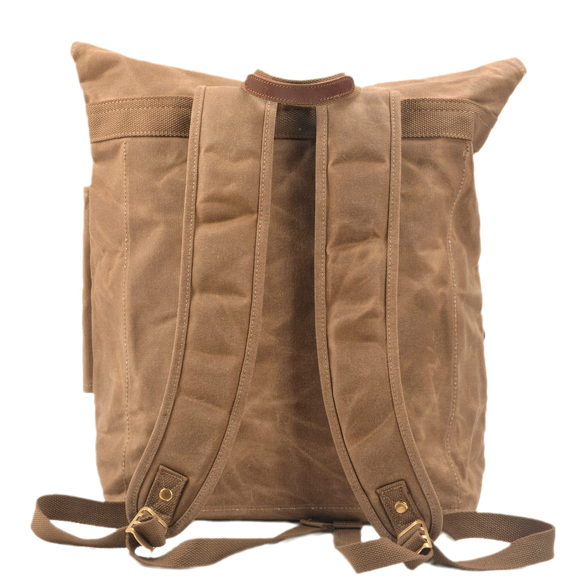 Back of the khaki backpack with padded shoulder straps and leather top handle