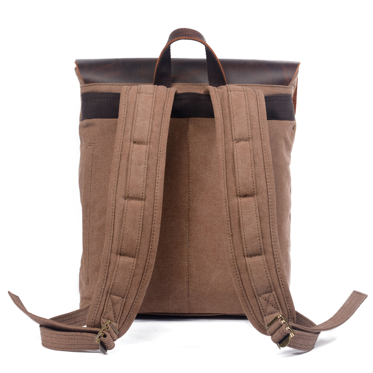 Back of the khaki backpack with padded shoulder straps and top handle
