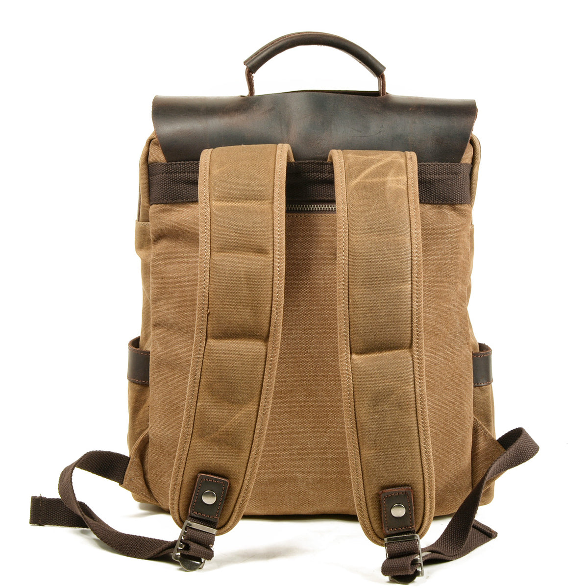 Back of the khaki backpack with padded shoulder straps