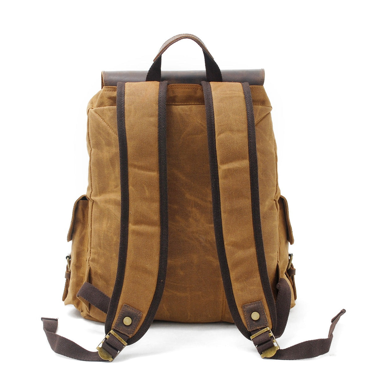 Back of the khaki backpack with padded shoulder straps
