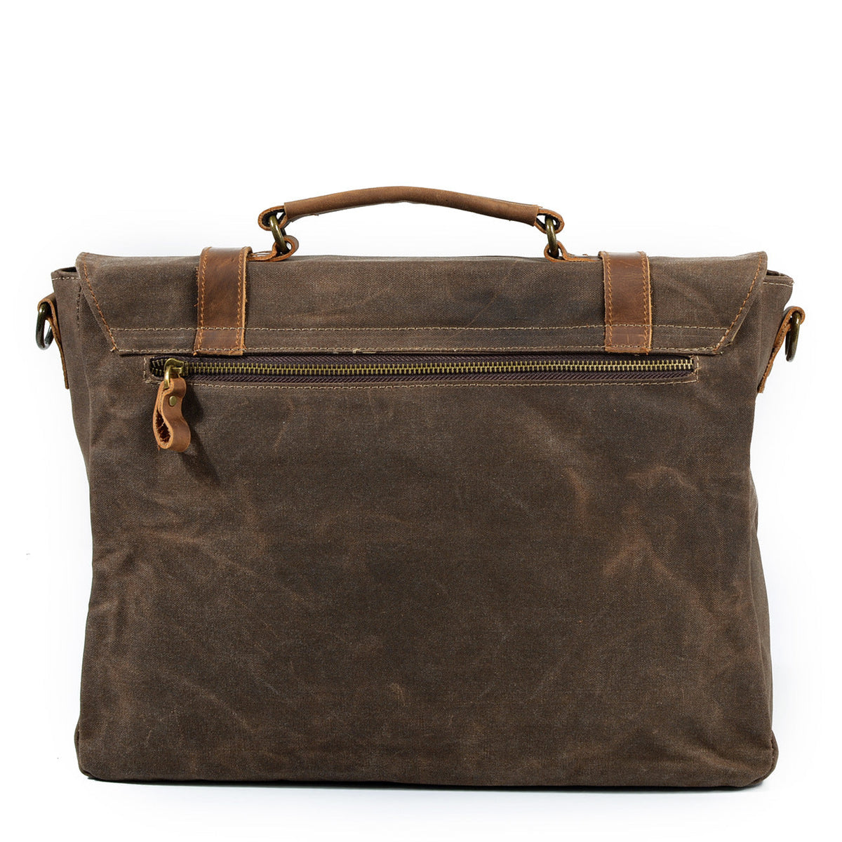 Back of the bag with a horizontal zippered pocket and leather top handle