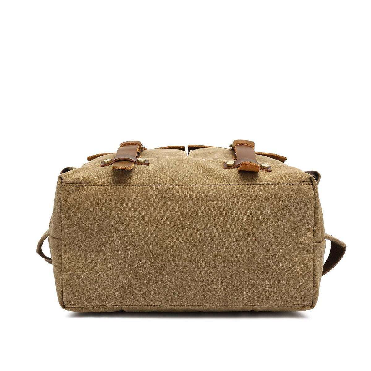 Flat bottom of the waxed canvas backpack