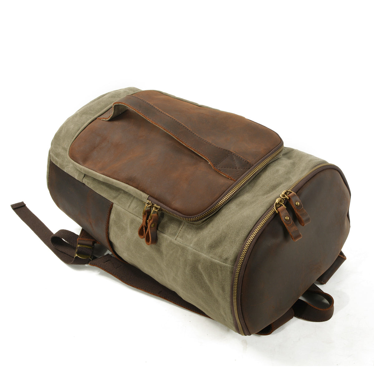 Flat view of the travel backpack showing the base zipper and front pocket